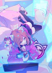 Rule 34 | 1girl, absurdres, animal ears, black shorts, black thighhighs, buro (muse dash), cat-shaped pillow, cat ears, cellphone, character doll, chinese commentary, commentary request, cytus, cytus ii, food, food in mouth, highres, holding, holding phone, holographic monitor, indoors, jacket, long sleeves, looking at viewer, lying, medium hair, monitor, mouth hold, muse dash, nail polish, paw print soles, phone, pillow, pink eyes, pink hair, pink jacket, pink nails, shorts, solo, thighhighs, yusa (yusa0751)