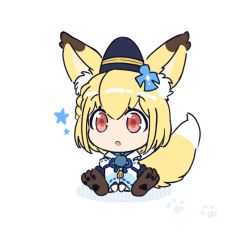 Rule 34 | 1girl, :o, animal ear fluff, animal ears, between legs, blonde hair, blue hat, blue ribbon, braid, chibi, commentary request, dee0333, fox ears, fox girl, fox tail, full body, hair ornament, hand between legs, hat, japanese clothes, kemonomimi mode, korean commentary, long sleeves, looking away, neck ribbon, official alternate costume, otori michiru, parted lips, paw print, paw shoes, red eyes, ribbon, ribbon-trimmed sleeves, ribbon trim, shikigami, short hair, shoujo kageki revue starlight, shoujo kageki revue starlight -re live-, simple background, single braid, sitting, solo, star (symbol), tail, tassel, tate eboshi, v arms, white background, wide sleeves