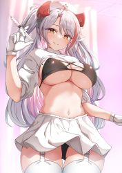 Rule 34 | 1girl, :q, absurdres, azur lane, blush, breasts, cleavage, closed mouth, commentary request, curtains, garter straps, gloves, grey hair, hair between eyes, hand up, hat, headgear, highres, holding, holding syringe, indoors, large breasts, long hair, looking at viewer, moyoron, multicolored hair, navel, nurse, nurse cap, orange eyes, parted bangs, pleated skirt, prinz eugen (azur lane), red hair, shrug (clothing), skirt, smile, solo, standing, streaked hair, syringe, thighhighs, tongue, tongue out, two side up, very long hair, white gloves, white hat, white skirt, white thighhighs