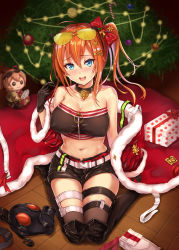 Rule 34 | 1girl, :d, ahoge, bandeau, bare arms, bare shoulders, belt, black footwear, black gloves, black shorts, blue eyes, blurry, blush, boots, bow, breasts, brown thighhighs, character doll, christmas, christmas tree, cleavage, coat, collar, collarbone, commentary request, cosplay, covered erect nipples, crop top, depth of field, eyewear on head, from above, fur-trimmed coat, fur trim, gas mask, gift, girls&#039; frontline, gloves, hair between eyes, hair bow, hair ornament, hairclip, hand up, highres, kalina (girls&#039; frontline), large breasts, leg belt, long hair, looking at viewer, mask, midriff, navel, nose blush, off shoulder, official alternate costume, open clothes, open coat, open mouth, orange hair, p90 (girls&#039; frontline), p90 (girls&#039; frontline) (cosplay), p90 (scarlet turbo) (girls&#039; frontline), red bow, red coat, short shorts, short sleeves, shorts, side ponytail, sidelocks, sitting, smile, solo, star (symbol), star hair ornament, stomach, sunglasses, sunglasses on head, sweatdrop, taut clothes, teeth, thigh boots, thighhighs, tinted eyewear, wariza, yuemanhuaikong