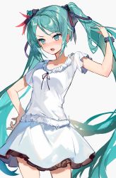 Rule 34 | 1girl, aqua eyes, aqua hair, black ribbon, blush, commentary, contrapposto, dress, feather hair ornament, feathers, hair ornament, hair ribbon, hand in own hair, hand on own hip, hand up, hatsune miku, highres, karasu btk, long hair, open mouth, raised eyebrows, red feathers, ribbon, scrunchie, short sleeves, simple background, solo, supreme (module), twintails, very long hair, vocaloid, white background, white dress, world is mine (vocaloid), wrist scrunchie