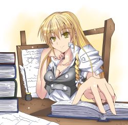 Rule 34 | 1girl, blonde hair, book, breasts, cleavage, highres, ink bottle, kirisame marisa, large breasts, light smile, long hair, luna (gunfire), popped collar, quill, sitting, solo, touhou, yellow eyes