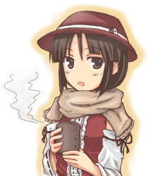 Rule 34 | 1girl, brown eyes, brown hair, detached sleeves, female focus, gradient background, hakurei reimu, hat, japanese clothes, lock heart (juuryokudou), miko, perfect cherry blossom, scarf, short hair, solo, touhou, white background