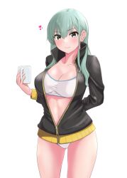 Rule 34 | 1girl, alternate costume, aqua eyes, aqua hair, arm behind back, black jacket, breasts, cleavage, closed mouth, collared jacket, commentary request, cup, hair behind ear, hair between eyes, heart, highres, holding, holding cup, jacket, jouzaburou (joe3), kantai collection, large breasts, long sleeves, looking at viewer, navel, panties, partially unzipped, smile, solo, strapless, suzuya (kancolle), tube top, underwear, white background, white panties, zipper pull tab