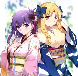 Rule 34 | 2girls, alternate costume, blonde hair, blue ribbon, breasts, brown eyes, commentary request, drill hair, fate/hollow ataraxia, fate/stay night, fate (series), floral print, flower, hair flower, hair ornament, hair ribbon, hand on own chest, japanese clothes, kimono, long hair, looking at viewer, luviagelita edelfelt, matou sakura, multicolored clothes, multiple girls, obi, purple eyes, purple hair, ribbon, sash, smile, tsuezu, wide sleeves