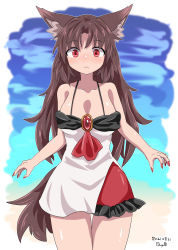 Rule 34 | 1girl, :&lt;, adapted costume, animal ear fluff, animal ears, beach, breasts, brooch, brown hair, chups, cleavage, closed mouth, cowboy shot, dated, dress, highres, imaizumi kagerou, jewelry, large breasts, long hair, looking at viewer, nail polish, off-shoulder dress, off shoulder, outdoors, red dress, red eyes, red nails, shiny skin, signature, standing, tail, thigh gap, touhou, two-tone dress, white dress, wolf ears, wolf tail