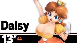 Rule 34 | 1girl, areola slip, blue eyes, breasts, cleavage, female focus, huge breasts, large areolae, long hair, mario (series), mystical, nintendo, no bra, open mouth, princess daisy, super mario bros. 1, super mario land, super smash bros., text focus, third-party edit, upper body