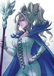 Rule 34 | 1girl, blue bodysuit, blue cape, blue eyes, blue nails, bodysuit, cape, collarbone, colored skin, commentary request, dragon quest, dragon quest xi, earrings, eyelashes, grey hair, hair ornament, high ponytail, highres, holding, holding staff, hoop earrings, jewelry, lizlette, pekuchin (pekuchin 3), ponytail, purple lips, purple skin, solo, staff, twitter username