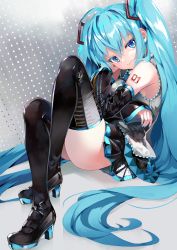 Rule 34 | 1girl, ahoge, bare shoulders, black footwear, black skirt, black sleeves, black thighhighs, blue eyes, blue hair, blue nails, boots, commentary, detached sleeves, fingernails, grey shirt, hair between eyes, hatsune miku, high heels, highres, knees up, long hair, long sleeves, looking at viewer, miniskirt, nail polish, piano print, pleated skirt, shirt, sitting, skirt, smile, solo, takepon1123, thigh boots, thighhighs, thighs, twintails, very long hair, vocaloid, wide sleeves