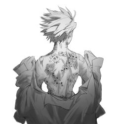 Rule 34 | 1boy, bandaid, bandaid on arm, bandaid on shoulder, bruise, bullet hole, claw mark, cuts, dressing, facing away, from behind, greyscale, hands up, injury, kimetsu no yaiba, konayuu, long sleeves, male focus, monochrome, scar, scar on back, scar on neck, scars all over, shinazugawa sanemi, short hair, simple background, sketch, solo, too many, scars all over, topless male, upper body