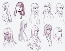 Rule 34 | 1girl, collarbone, from behind, gigi andalusia, gundam, gundam hathaway&#039;s flash, hair behind ear, long hair, looking ahead, looking at viewer, looking to the side, monochrome, multiple views, official art, open mouth, pablo uchida, production art, shaded face, sketch, white background