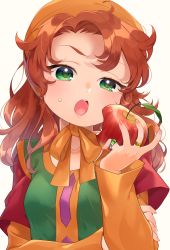 Rule 34 | 1girl, apple, breasts, commentary request, curly hair, dragon quest, dragon quest vii, dress, food, fruit, green eyes, hat, highres, hood, jewelry, long hair, looking at viewer, maribel (dq7), open mouth, red hair, ring, simple background, solo, white background, yupiteru