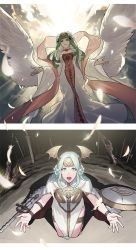 Rule 34 | 2girls, breasts, byuub, closed mouth, cloud, cloudy sky, commentary, dress, english commentary, feathered wings, feathers, fire emblem, fire emblem: three houses, flower, full body, green eyes, green hair, hair flower, hair ornament, highres, jewelry, kneeling, light, lips, long hair, looking at viewer, multiple girls, nintendo, open mouth, rhea (fire emblem), seiros (fire emblem), shield, sidelocks, sky, smile, sothis (fire emblem), sword, weapon, white dress, wings