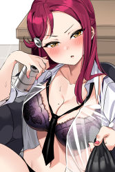 Rule 34 | 1girl, black neckwear, black panties, blush, bra, breasts, can, cleavage, collared shirt, floral print, hair ornament, hairclip, highres, holding, holding can, lace, lace-trimmed bra, lace trim, long hair, looking at viewer, loose neckwear, love live!, love live! sunshine!!, mole, mole on breast, nail polish, navel, open clothes, open mouth, open shirt, panties, parted bangs, pink nails, pov, purple bra, red hair, sakurauchi riko, see-through, shirt, shirt grab, sidelocks, stomach, sweat, tem10, underwear, yellow eyes
