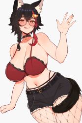 Rule 34 | 1girl, :q, absurdres, animal ear fluff, animal ears, black hair, black nails, black shorts, bra, breasts, brown eyes, cleavage, cowboy shot, fishnet pantyhose, fishnets, glasses, hair ornament, highres, hololive, jewelry, large breasts, looking at viewer, multicolored hair, nail polish, navel, ookami mio, pantyhose, red bra, red hair, ring, shorts, simple background, solo, stomach, streaked hair, tail, tail around own leg, tongue, tongue out, underwear, varniskarnis, virtual youtuber, white background, wolf ears, wolf girl, wolf tail