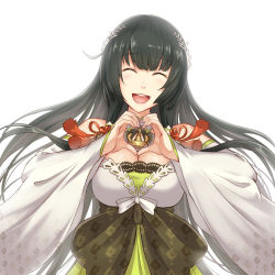 Rule 34 | 1girl, belt, black hair, blush, breasts, bridal gauntlets, detached sleeves, dress, edwin (cyberdark impacts), closed eyes, furisode, green dress, hair ornament, hair ribbon, hair tubes, hakama, hakama skirt, heart, heart hands, highres, japanese clothes, kantai collection, kimono, large breasts, long hair, low-tied long hair, mizuho (kancolle), obi, open mouth, ribbon, sash, sidelocks, simple background, skirt, smile, solo, very long hair, white background