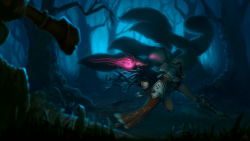 Rule 34 | 1girl, absurdres, ahri (league of legends), animal ears, black hair, dgatrick, energy ball, facial mark, fighting stance, forest, fox ears, fox tail, glowing, glowing eyes, glowing hand, highres, league of legends, motion blur, multiple tails, nature, night, solo, tail, tree, whiskers, yellow eyes
