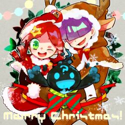Rule 34 | 1girl, 2boys, 73 (naa), ?, andou ringo, animal costume, bow, dated, drill hair, drooling, ecolo (puyopuyo), eyelashes, fang, fur-trimmed jacket, fur trim, green eyes, hair over eyes, hat, jacket, merry christmas, mouth drool, multiple boys, one eye closed, purple hair, puyopuyo, puyopuyo 7, red bow, reindeer costume, santa costume, santa hat, sasaki maguro, short hair, smile, striped, striped bow, twin drills