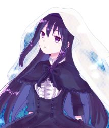 Rule 34 | 1girl, akemi homura, arms at sides, black bow, black bowtie, black capelet, black hair, black hairband, black skirt, bow, bowtie, capelet, closed mouth, dress, dress shirt, expressionless, frilled capelet, frills, funeral dress, gothic lolita, hair between eyes, hairband, high-waist skirt, lolita fashion, long hair, looking at viewer, mahou shoujo madoka magica, mahou shoujo madoka magica (anime), mahou shoujo madoka magica movie 1 &amp; 2, momonkii, purple eyes, shirt, sideways glance, simple background, skirt, solo, suspender skirt, suspenders, upper body, veil, very long hair, white background, white shirt