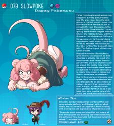 Rule 34 | 1boy, 1girl, ahoge, all fours, animal ears, animal feet, artist name, ass, black eyes, blue background, breasts, brown eyes, character profile, cleavage, clothes lift, commentary, creatures (company), dress, dress lift, english commentary, english text, fangs, game freak, gen 1 pokemon, hat, hat feather, heart, heart-shaped pupils, highres, huge ahoge, jewelry, kinkymation, large breasts, leg strap, necklace, nintendo, panties, personification, pink hair, poke ball, poke ball (basic), pokemon, purple hair, short hair, slowpoke, symbol-shaped pupils, tail, thigh strap, underwear, white panties