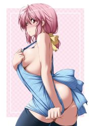Rule 34 | 1girl, apron, apron pull, ass, bare shoulders, black thighhighs, blush, breasts, clothes pull, cowboy shot, hair ribbon, hand on own chest, large breasts, looking at viewer, naked apron, nori tamago, pink hair, plaid, plaid background, red eyes, ribbon, saigyouji yuyuko, short hair, short ponytail, sideboob, simple background, solo, sweatdrop, thighhighs, touhou