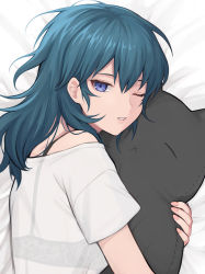 Rule 34 | 1girl, absurdres, banned artist, bare shoulders, bed sheet, blue eyes, blue hair, bra, byleth (female) (fire emblem), byleth (fire emblem), commentary request, fire emblem, fire emblem: three houses, highres, holding, holding stuffed toy, long hair, looking at viewer, nintendo, hugging object, off-shoulder shirt, off shoulder, one eye closed, parted lips, see-through, shimizu akina, shirt, short sleeves, solo, stuffed toy, underwear, upper body, white shirt
