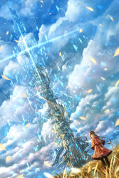 Rule 34 | 1girl, arms behind back, black thighhighs, brown eyes, brown hair, building, capelet, cloud, cloudy sky, dress, dutch angle, fantasy, feathers, field, highres, jewelry, light particles, long hair, necklace, original, ponytail, sakimori (hououbds), scenery, sky, smile, solo, thighhighs, tower