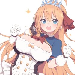 Rule 34 | 1girl, ahoge, armor, blue eyes, blue sleeves, blush, breasts, cleavage, clenched hands, dress, gamuo, gloves, hair ribbon, large breasts, long hair, open mouth, orange hair, pecorine (princess connect!), princess connect!, red neckwear, red ribbon, ribbon, saliva, short sleeves, shoulder armor, simple background, solo, sparkle, tiara, upper body, white background, white gloves