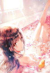 Rule 34 | 1girl, :o, afloat, bath, bathing, bathtub, blush, breasts, brown eyes, brown hair, day, from behind, hiten (hitenkei), indoors, knees up, leg up, legs up, light rays, long hair, looking at viewer, looking back, nude, original, parted lips, partially submerged, petals, petals on liquid, rubber duck, solo, sunlight, water, wet, wet hair, window