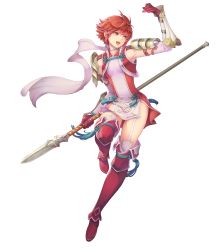 Rule 34 | 1girl, arm guards, armor, boots, breasts, dress, elbow gloves, fire emblem, fire emblem fates, fire emblem heroes, full body, garter straps, gloves, haccan, highres, hinoka (fire emblem), lance, nintendo, official art, open mouth, polearm, red eyes, red footwear, red hair, red thighhighs, scarf, short dress, short hair, shoulder armor, small breasts, smile, solo, thigh boots, thighhighs, thighs, transparent background, weapon, white scarf, zettai ryouiki