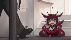 Rule 34 | 1girl, 1other, blue eyes, chibi, commentary, detached sleeves, english commentary, heterochromia, highres, hololive, hololive english, horns, indoors, irys (hololive), long hair, mini person, minigirl, multicolored hair, paintrfiend, pointy ears, purple eyes, purple hair, red hair, shoes, skirt, stairs, streaked hair, very long hair, virtual youtuber, wings