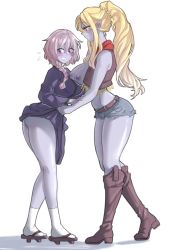 Rule 34 | 2girls, ass, belt, blonde hair, boots, braid, breasts, brown footwear, check copyright, clothes lift, colored skin, commentary, commission, copyright request, denim, dress, dress lift, from side, full body, geta, height difference, high heels, highres, knee boots, large breasts, leaning forward, lich (monster girl encyclopedia), long hair, long sleeves, monster girl encyclopedia, multiple girls, nipples, original, pointy ears, ponytail, popopoka, purple skin, sandals, short shorts, shorts, simple background, skirt, smile, socks, standing, white background, white legwear, wight (monster girl encyclopedia), yuri