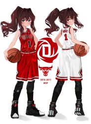 Rule 34 | 1girl, adidas, ball, bare arms, bare shoulders, basketball, basketball (object), basketball uniform, blue eyes, blush, breasts, brown hair, chicago bulls, closed mouth, collarbone, commentary, elisia valfelto, english commentary, full body, hair between eyes, hair intakes, highres, holding, holding ball, jersey, luicent, multiple views, national basketball association, original, ponytail, shin guards, shoes, shorts, sidelocks, sleeveless, small breasts, smile, sneakers, spalding, sportswear, standing, tank top