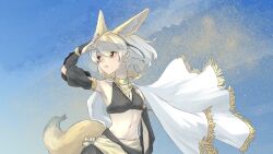 Rule 34 | alternate costume, animal ears, bare shoulders, black shirt, black sleeves, blonde hair, blue sky, bracelet, cape, cowboy shot, crop top, detached sleeves, extra ears, fennec (kemono friends), fox ears, fox girl, fox tail, frilled cape, gold bracelet, gold necklace, hair between eyes, harem outfit, highres, jewelry, kemono friends, midriff, multicolored hair, navel, necklace, orange eyes, sasa fune, shirt, short hair, sidelocks, sky, sleeves past wrists, star (sky), tail, white cape, white hair