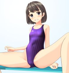 Rule 34 | 1girl, absurdres, bench, black hair, blue background, blue eyes, bob cut, breasts, clothes writing, competition swimsuit, covered navel, grin, highleg, highleg swimsuit, highres, logo, looking at viewer, mizuno (brand), mole, mole under eye, one-piece swimsuit, original, purple one-piece swimsuit, short hair, sitting, small breasts, smile, solo, spread legs, striped clothes, striped one-piece swimsuit, swimsuit, takafumi