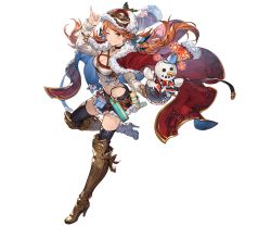 Rule 34 | 1girl, ;), bomb, boots, breasts, cape, choker, cleavage, explosive, full body, fur trim, gift, goggles, goggles on head, granblue fantasy, hat tip, long hair, looking at viewer, mary (granblue fantasy), minaba hideo, miniskirt, official art, one eye closed, orange eyes, orange hair, skirt, smile, snowman, solo, standing, standing on one leg, transparent background, twintails