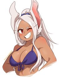 Rule 34 | 1girl, alternate hairstyle, animal ears, bare shoulders, bikini, blush, boku no hero academia, breasts, collarbone, commentary, cropped torso, dark-skinned female, dark skin, dashi (dashiart), front-tie bikini top, front-tie top, grey hair, grin, hair ornament, hair scrunchie, high ponytail, highres, large breasts, long hair, looking at viewer, mirko, one eye closed, patreon username, purple bikini, rabbit ears, red eyes, scrunchie, simple background, smile, smug, solo, swimsuit, symbol-only commentary, underboob, upper body, watermark, web address, white background