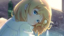 Rule 34 | 1girl, blonde hair, blue eyes, blush, english text, faucet, hair ornament, highres, hololive, hololive english, jl tan, long sleeves, looking at viewer, shirt, sink, sky, smile, solo, virtual youtuber, water, watson amelia, white shirt