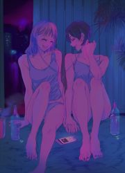 Rule 34 | 2girls, ^ ^, alcohol, arms at sides, bare legs, bare shoulders, barefoot, black hair, blonde hair, blue nails, blue toenails, bottle, breasts, camisole, cellphone, cleavage, closed eyes, collarbone, curtains, ear piercing, earbuds, earphones, earrings, feet, feet together, female focus, fingernails, foot out of frame, full body, hair behind ear, hand on own neck, head tilt, highres, holding hands, interlocked fingers, jewelry, knees up, legs, listening to music, long hair, medium breasts, medium hair, mole, mole under eye, multiple girls, music, nail polish, najuco (naju0517), neck, no legwear, no pants, no shoes, no socks, one knee up, open mouth, original, panties, phone, piercing, pink nails, pink toenails, retro, rug, shared earphones, short hair, sitting, small breasts, smartphone, smile, teeth, thighs, toenail polish, toenails, toes, underwear, upper teeth only, white hair, yuri