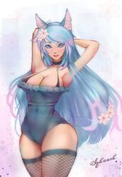 Rule 34 | 1girl, absurdres, animal ear fluff, animal ears, arms behind head, black bra, black choker, black thighhighs, blue eyes, blue hair, blue one-piece swimsuit, bra, bra strap, breasts, choker, cleavage, commentary, english commentary, fishnet thighhighs, fishnets, frilled one-piece swimsuit, frills, highres, large breasts, long hair, looking at viewer, multicolored hair, one-piece swimsuit, pink hair, silvervale, streaked hair, swept bangs, swimsuit, szhoosh, thighhighs, underwear, virtual youtuber, vshojo, wolf ears, wolf girl