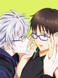 Rule 34 | 2boys, bad id, bad pixiv id, bespectacled, blue eyes, brown hair, casual, eye contact, glasses, green background, holding hands, ikari shinji, looking at another, male focus, multiple boys, nagisa kaworu, neon genesis evangelion, nervous, open mouth, red eyes, silver hair, simple background, smile, surprised, sweat, tomose0224, upper body