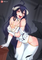 Rule 34 | 1girl, absurdres, ahoge, albedo (overlord), bad id, bad pixiv id, bare shoulders, bent over, black hair, black wings, breasts, cleavage, commentary, demon girl, demon horns, demon wings, dress, feathered wings, gloves, hair between eyes, highres, horns, large breasts, long hair, looking at viewer, overlord (maruyama), shellvi, slit pupils, smile, solo, white dress, white gloves, wings, yellow eyes
