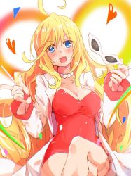 Rule 34 | 1girl, :d, ahoge, anshinzawa sasami, blonde hair, blue eyes, blush, breasts, cleavage, collarbone, commentary request, dress, feet out of frame, heart, highres, holding, holding mask, jewelry, large breasts, crossed legs, long hair, long sleeves, looking at viewer, mask, unworn mask, medium breasts, necklace, open clothes, open mouth, pearl necklace, red dress, rinrin (927413), sitting, smile, solo, strapless, strapless dress, umamusume, very long hair, white background