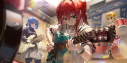 Rule 34 | 4girls, absurdres, ahoge, bass guitar, black pantyhose, black shirt, blonde hair, blue hair, bocchi the rock!, brown eyes, closed mouth, concentrating, drum, drum set, from below, glint, gotoh hitori, green eyes, grey skirt, guitar, hair between eyes, hair ornament, hair scrunchie, hairclip, highres, holding, holding guitar, holding instrument, ijichi nijika, indoors, industrial pipe, instrument, kita ikuyo, lanyed (949455243), light particles, long hair, long sleeves, mole, mole under eye, multiple girls, music, one side up, orange eyes, pantyhose, playing instrument, pleated skirt, red hair, scrunchie, shelf, shirt, short sleeves, side ponytail, skirt, solo focus, standing, untucked shirt, vent (object), yamada ryo, yellow eyes, yellow scrunchie
