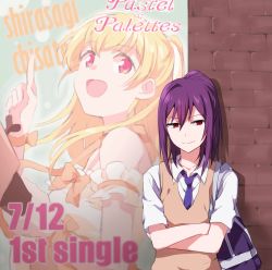 Rule 34 | 1girl, :d, against wall, arm cuffs, bad id, bad pixiv id, bag, bang dream!, blonde hair, blue necktie, bow, brick wall, character name, collarbone, collared shirt, crossed arms, group name, hair between eyes, index finger raised, long hair, necktie, open mouth, ponytail, poster (object), purple hair, re ghotion, red eyes, school bag, school uniform, seta kaoru, shirasagi chisato, shirt, short sleeves, sidelocks, smile, solo, sweater vest, upper body, white shirt, wrist bow