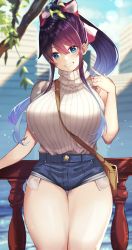 Rule 34 | 1girl, absurdres, bag, black hair, blue eyes, blue hair, blurry, blurry background, branch, breasts, brown hair, city, commentary request, day, denim, denim shorts, gradient hair, grin, hair between eyes, hair ribbon, handbag, highres, large breasts, leaf, legs together, looking at viewer, multicolored hair, original, outdoors, railing, ribbed shirt, ribbon, shirt, short shorts, shorts, sleeveless, sleeveless turtleneck, smile, solo, spread legs, standing, teeth, thighs, turtleneck, udon (udonalium)