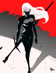 Rule 34 | 1girl, black bodysuit, bodysuit, concept art, cyberpunk, cyborg, greatsword, highres, holding, holding sword, holding weapon, koyorin, long hair, mask, mouth mask, original, red background, red eyes, science fiction, shadow, signature, solo, sword, weapon, white hair