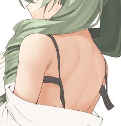 Rule 34 | 10s, 1girl, anchovy (girls und panzer), back, back focus, bra, clothes down, drill hair, from behind, girls und panzer, green hair, hair between eyes, hair over shoulder, head out of frame, long hair, open bra, out of frame, outside border, seramikku, serious, simple background, solo, twin drills, twintails, underwear, open bra, upper body, white background