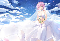 Rule 34 | 1girl, alternate costume, blush, bouquet, breasts, bridal veil, bride, cleavage, cloud, crying, crying with eyes open, day, dress, fate/grand order, fate (series), flower, gloves, hair over one eye, highres, lace, lace gloves, large breasts, looking at viewer, mash kyrielight, maya g, one eye covered, petals, purple eyes, purple hair, rose petals, see-through, sky, smile, solo, tearing up, tears, veil, wedding dress, white dress