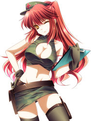 Rule 34 | 1girl, breasts, cleavage, cleavage cutout, clothing cutout, hat, highres, large breasts, long hair, midriff, military, miniskirt, monety, navel, original, red hair, skirt, solo, thighhighs, yellow eyes